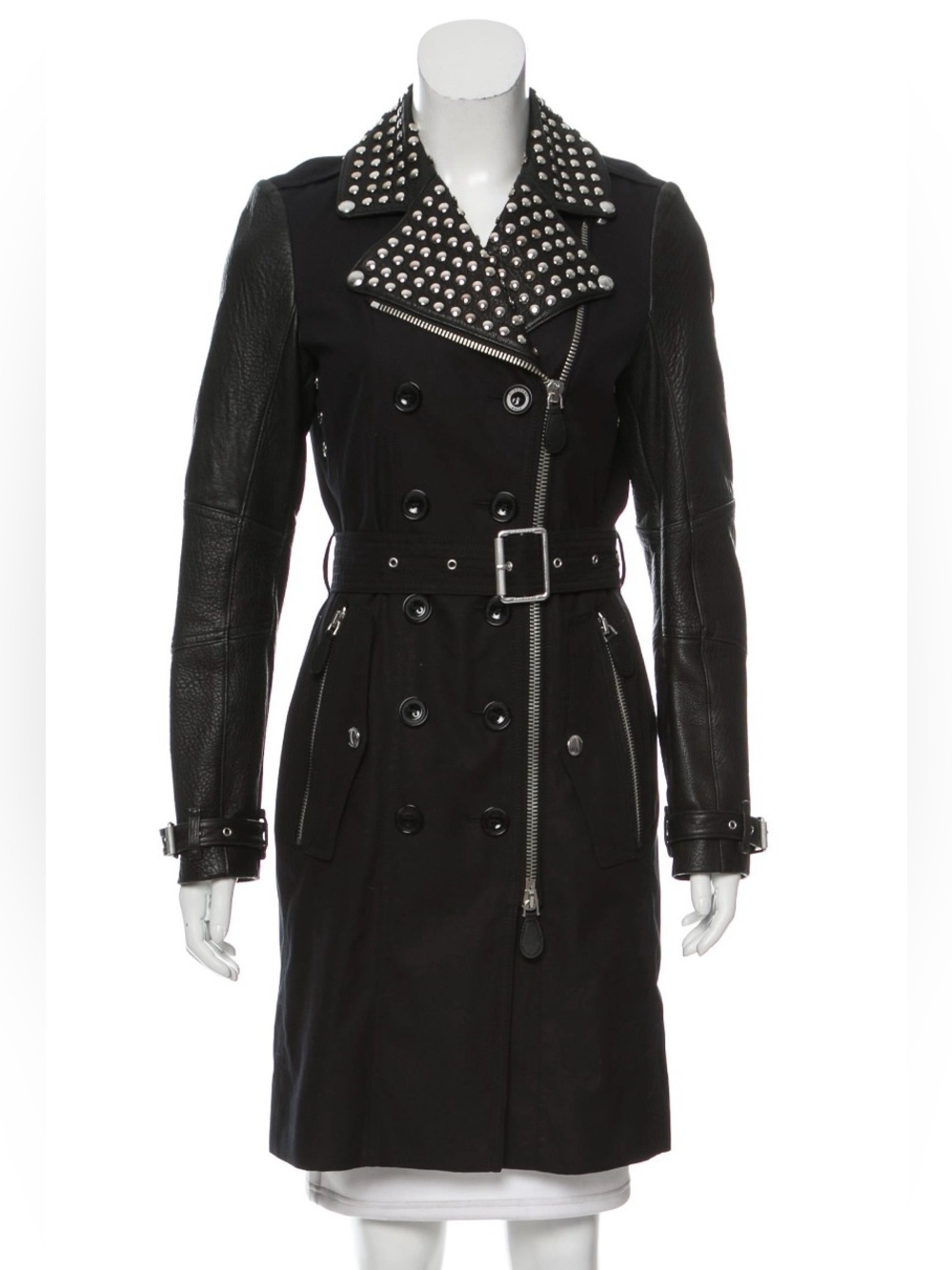 ICONIC BURBERRY BRIT VTG Y2K SILVER STUDDED BLACK LEATHER SLEEVE TRENCH COAT 6